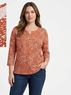 Chico's Size 2 Rust Orange White Abstract Print Henley Top 3/4 Sleeve Large (12)